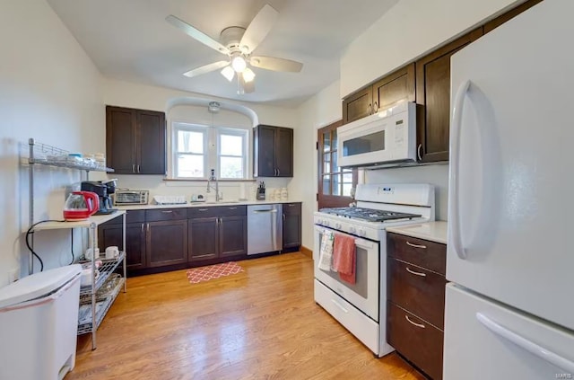 kitchen with sink, dark brown cabinetry, white appliances, and light hardwood / wood-style flooring