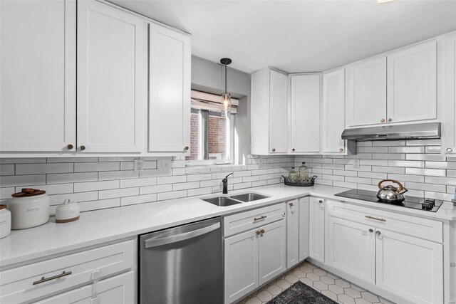 kitchen featuring backsplash, under cabinet range hood, dishwasher, black electric cooktop, and a sink