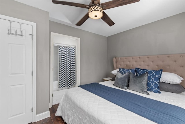 bedroom featuring baseboards, a ceiling fan, and wood finished floors