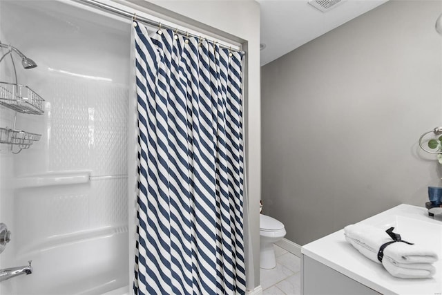 full bathroom featuring visible vents, toilet, a shower with curtain, marble finish floor, and vanity