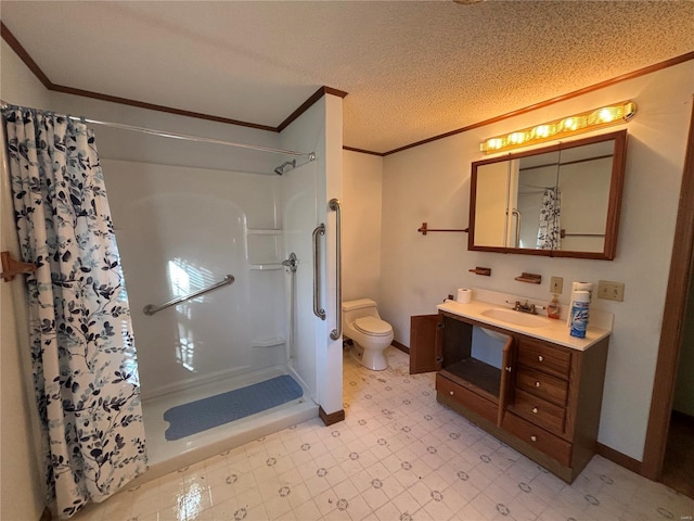 bathroom with vanity, crown molding, a textured ceiling, and walk in shower