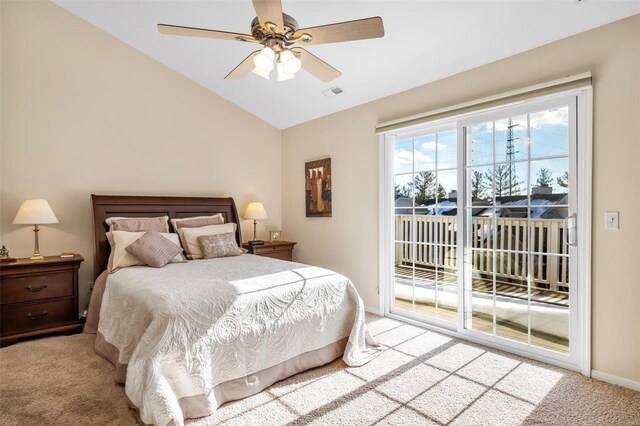 bedroom with lofted ceiling, access to exterior, light colored carpet, and ceiling fan