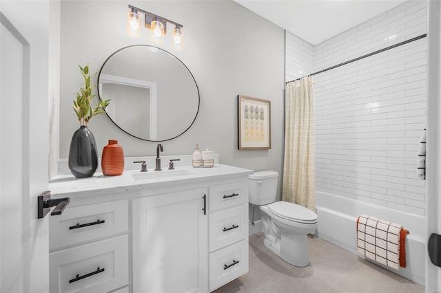 full bathroom featuring toilet, shower / bathtub combination with curtain, tile patterned floors, and vanity