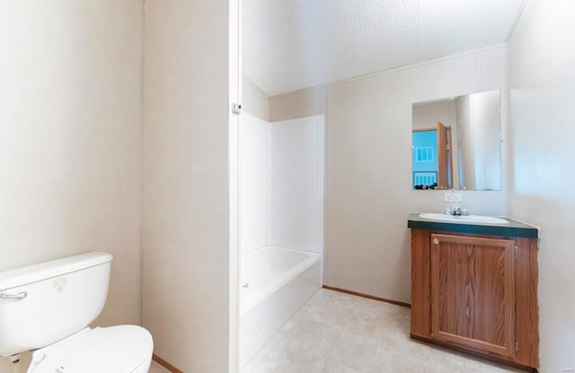 full bathroom featuring bathtub / shower combination, a textured ceiling, toilet, and vanity