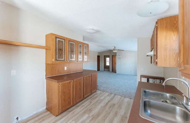 kitchen featuring ceiling fan, a textured ceiling, vaulted ceiling, light hardwood / wood-style flooring, and sink