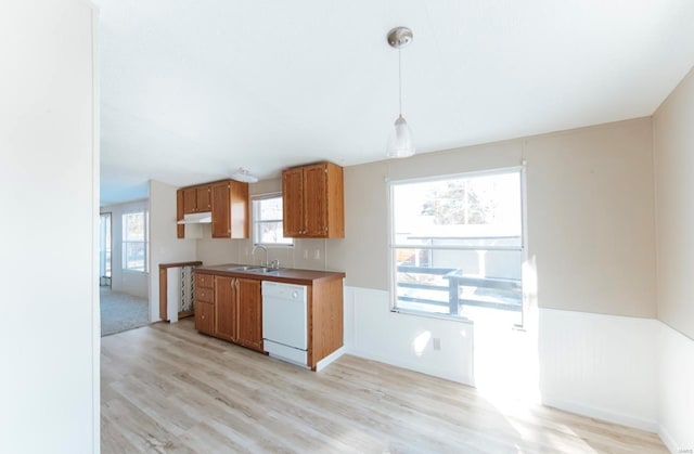 kitchen featuring pendant lighting, dishwasher, light hardwood / wood-style flooring, and sink