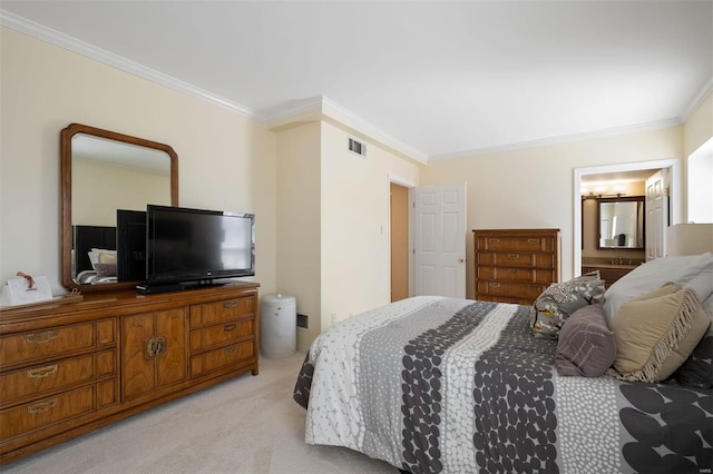 bedroom featuring ornamental molding, light colored carpet, and visible vents