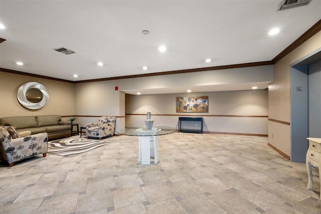 unfurnished living room with crown molding, recessed lighting, visible vents, and baseboards