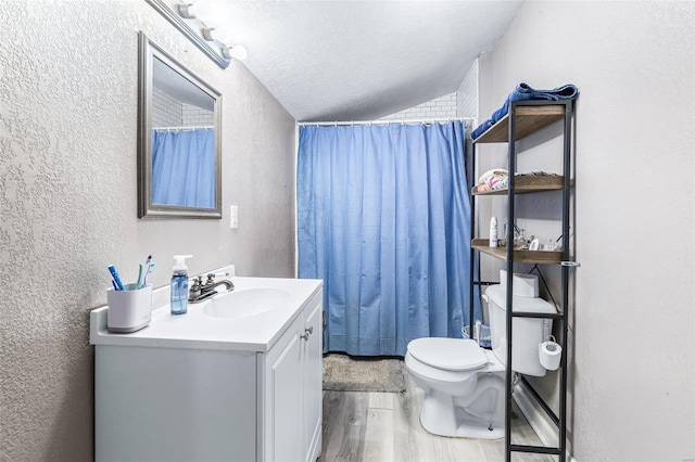 bathroom with toilet, hardwood / wood-style floors, a textured ceiling, walk in shower, and vanity