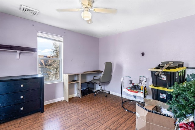 office featuring wood-type flooring and ceiling fan