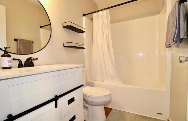 full bathroom with toilet, vanity, and shower / bathtub combination with curtain