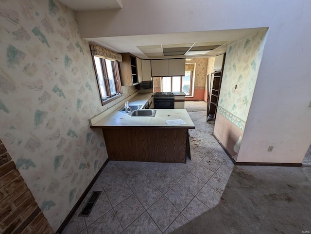 kitchen with sink, kitchen peninsula, stove, and a healthy amount of sunlight