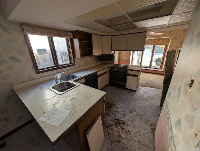 kitchen with black appliances, kitchen peninsula, and sink