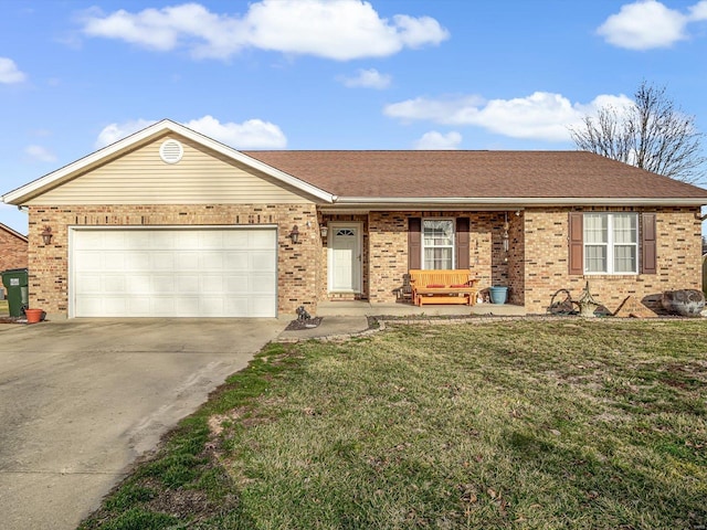 ranch-style house featuring an attached garage, a front lawn, concrete driveway, and brick siding