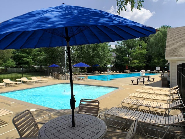 view of swimming pool featuring a patio area