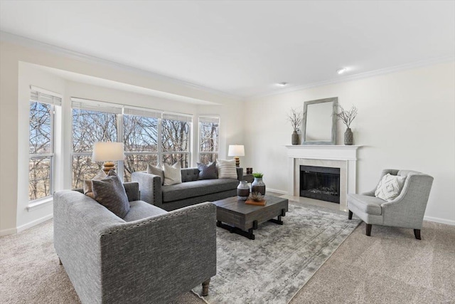 living room with ornamental molding, plenty of natural light, and light carpet