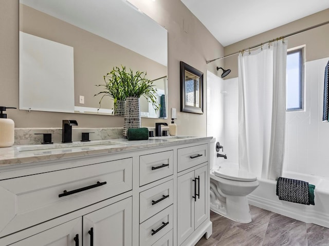 full bathroom featuring toilet, vanity, shower / bathtub combination with curtain, and hardwood / wood-style flooring