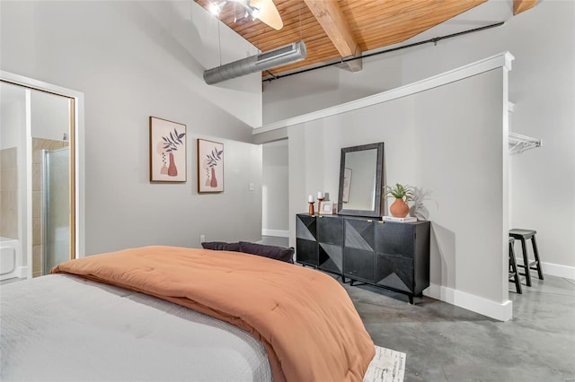 bedroom with wood ceiling, concrete floors, a towering ceiling, beamed ceiling, and ceiling fan