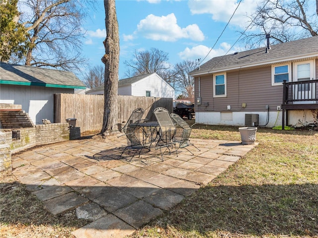 view of patio featuring fence and central air condition unit