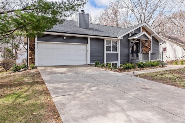 view of front of house featuring driveway, a porch, an attached garage, a shingled roof, and a chimney