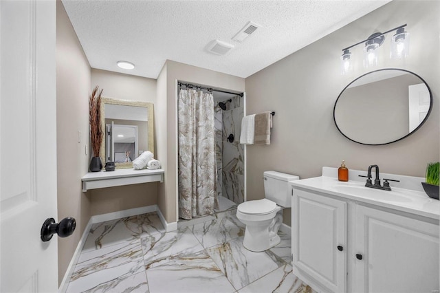 bathroom featuring visible vents, toilet, marble finish floor, a shower with shower curtain, and vanity