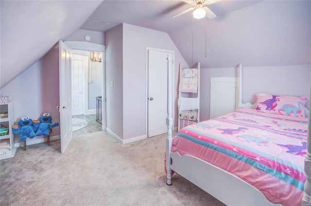 carpeted bedroom featuring ceiling fan and lofted ceiling