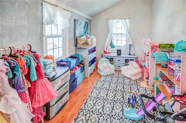 rec room with lofted ceiling and hardwood / wood-style flooring