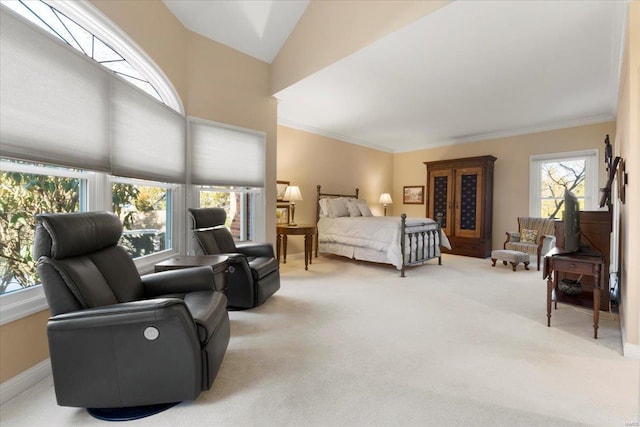 bedroom with ornamental molding, carpet, and lofted ceiling