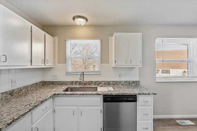 kitchen with tasteful backsplash, white cabinetry, sink, and stainless steel dishwasher