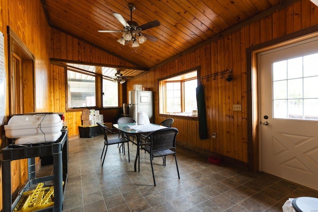 dining room with wooden walls and a healthy amount of sunlight