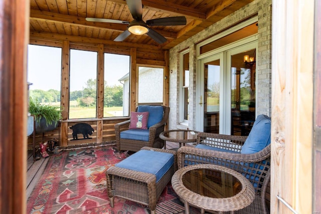 sunroom / solarium featuring ceiling fan and wooden ceiling