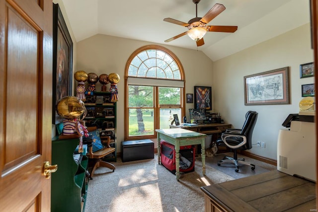 office with carpet floors, ceiling fan, and lofted ceiling