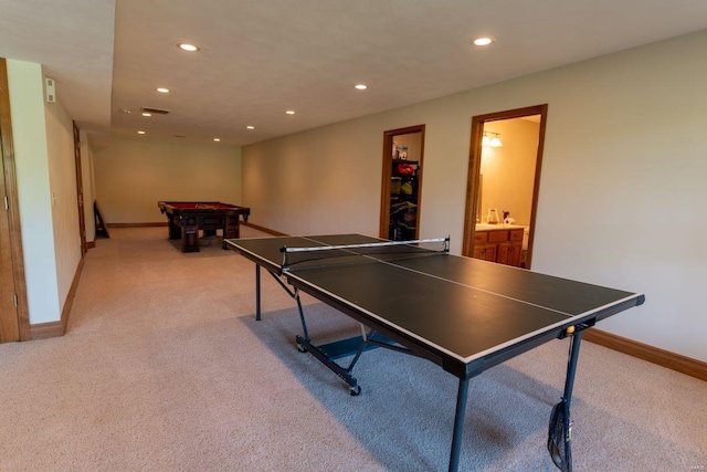 game room featuring light colored carpet and pool table