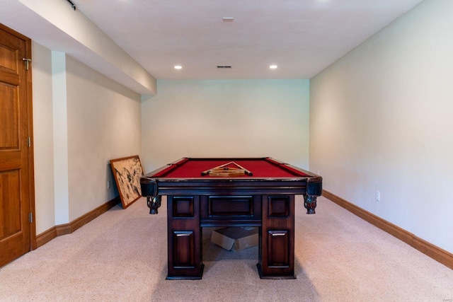 playroom with pool table and light colored carpet