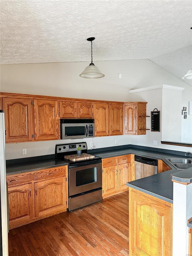 kitchen with appliances with stainless steel finishes, a textured ceiling, sink, decorative light fixtures, and lofted ceiling