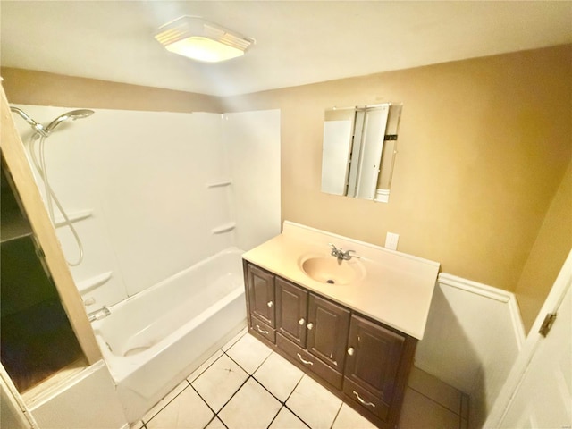 bathroom with vanity,  shower combination, and tile patterned flooring