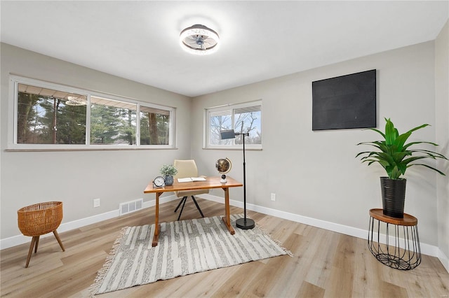 office space with light hardwood / wood-style flooring