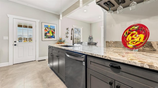 bar featuring plenty of natural light, dishwasher, crown molding, light stone counters, and sink