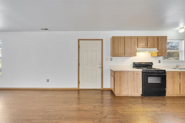 kitchen featuring sink, hardwood / wood-style flooring, and black gas stove