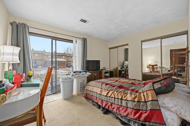 bedroom featuring two closets and carpet