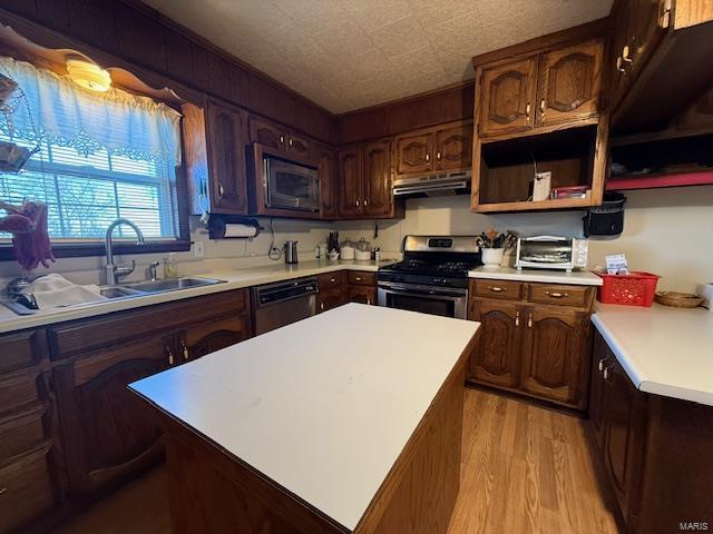 kitchen with appliances with stainless steel finishes, range hood, sink, light wood-type flooring, and dark brown cabinetry