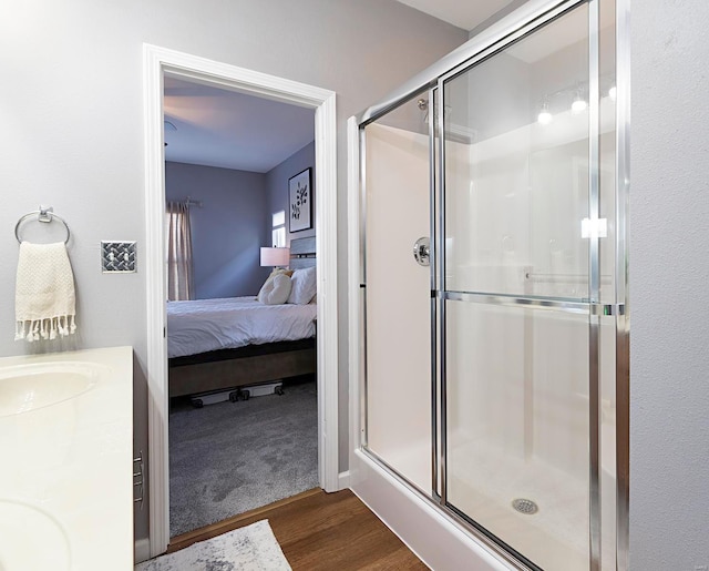 bathroom with sink, hardwood / wood-style floors, and an enclosed shower