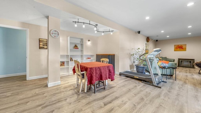 dining space with light hardwood / wood-style flooring and rail lighting