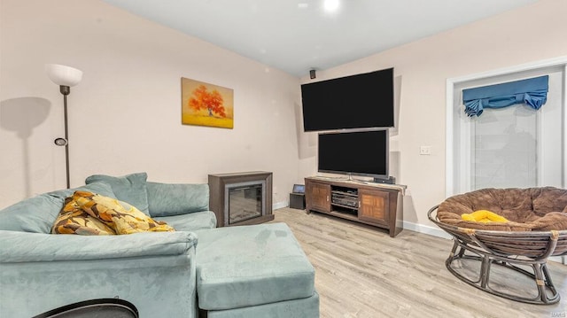 living room with a fireplace and light hardwood / wood-style floors