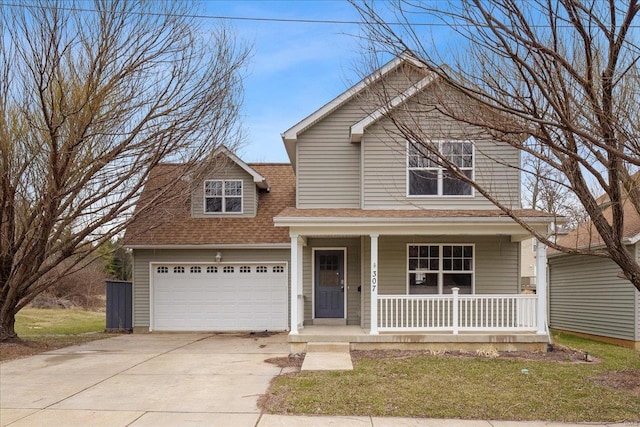 view of front of house featuring driveway, covered porch, a shingled roof, and a garage