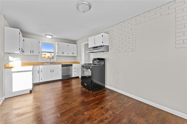 kitchen with black gas range oven, sink, dishwasher, dark hardwood / wood-style floors, and white cabinets