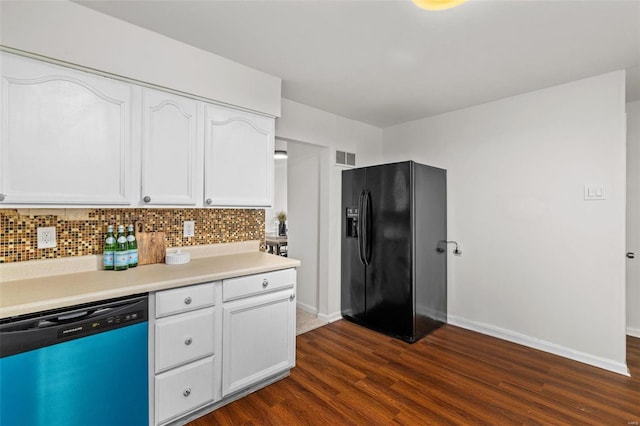 kitchen featuring black refrigerator with ice dispenser, dishwashing machine, dark hardwood / wood-style floors, and white cabinetry