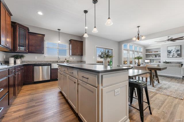 kitchen with a center island, hanging light fixtures, light hardwood / wood-style flooring, dishwasher, and a healthy amount of sunlight