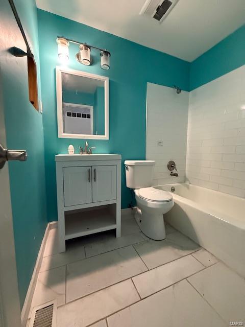 full bathroom featuring visible vents, toilet, vanity, and shower / washtub combination