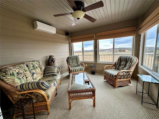 sunroom with wood ceiling, ceiling fan, and a wall mounted air conditioner